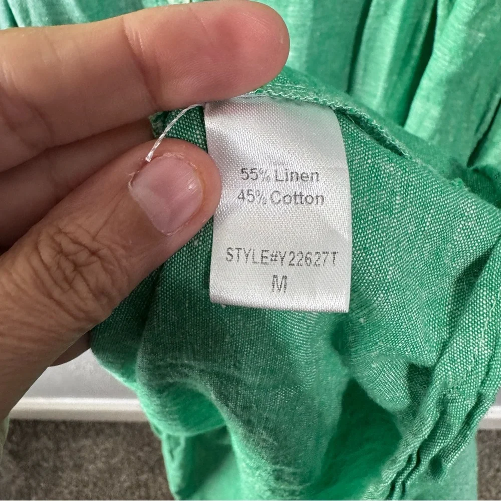 Pomander Place Green Button-Up Shirt line cotton medium Lagenlook - Picture 6 of 7